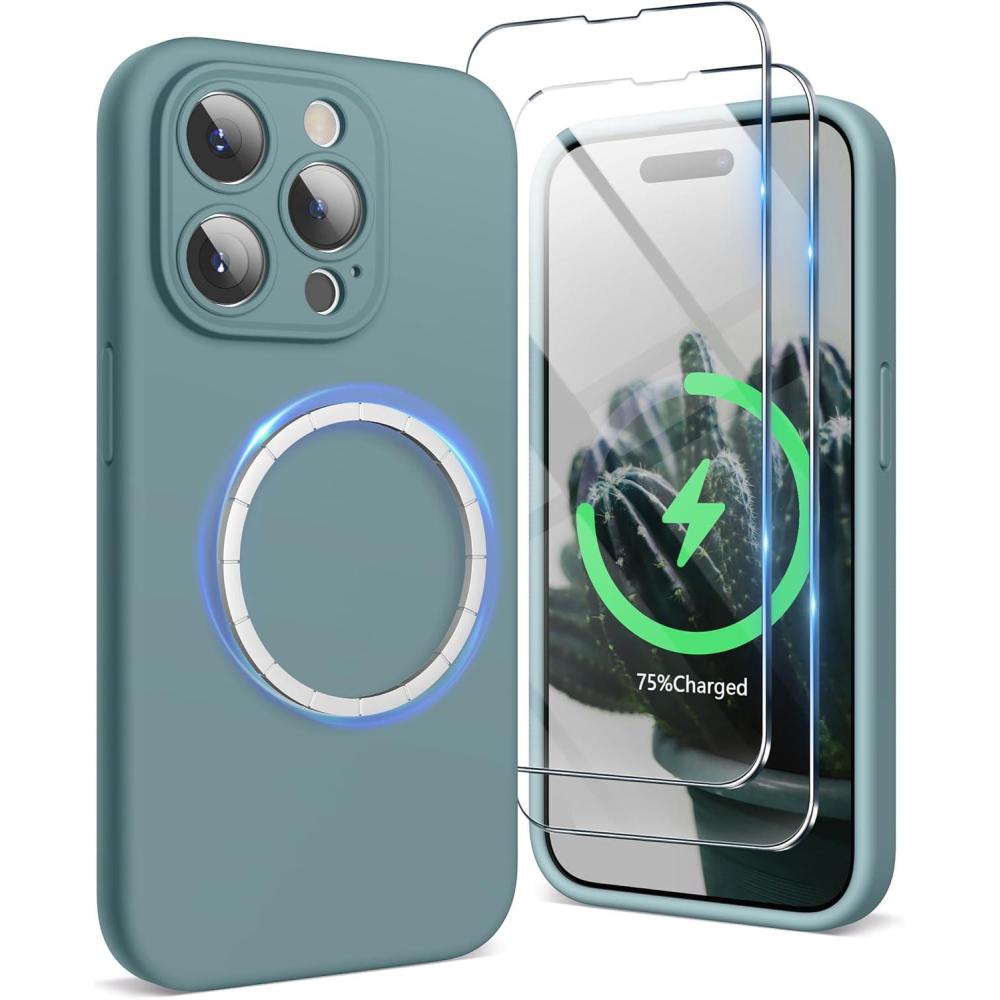 imageSURPHY Designed for iPhone 15 Pro Case Compatible with MagSafe 61 inch 2023 with 2 Pack Screen Protector Liquid Silicone Phone Case Camera Protective ampamp Soft Microfiber Lining Cactus GreenCactus Green
