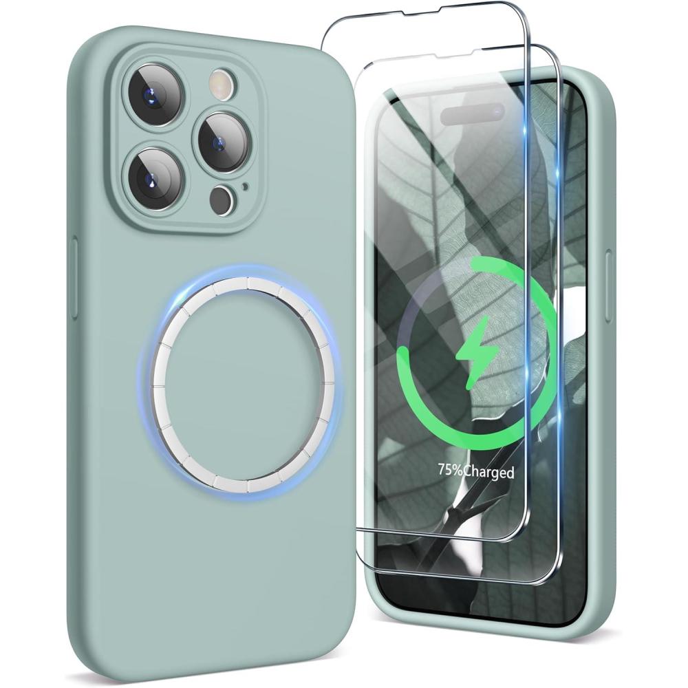 imageSURPHY Designed for iPhone 15 Pro Case Compatible with MagSafe 61 inch 2023 with 2 Pack Screen Protector Liquid Silicone Phone Case Camera Protective ampamp Soft Microfiber Lining Cactus GreenSucculent