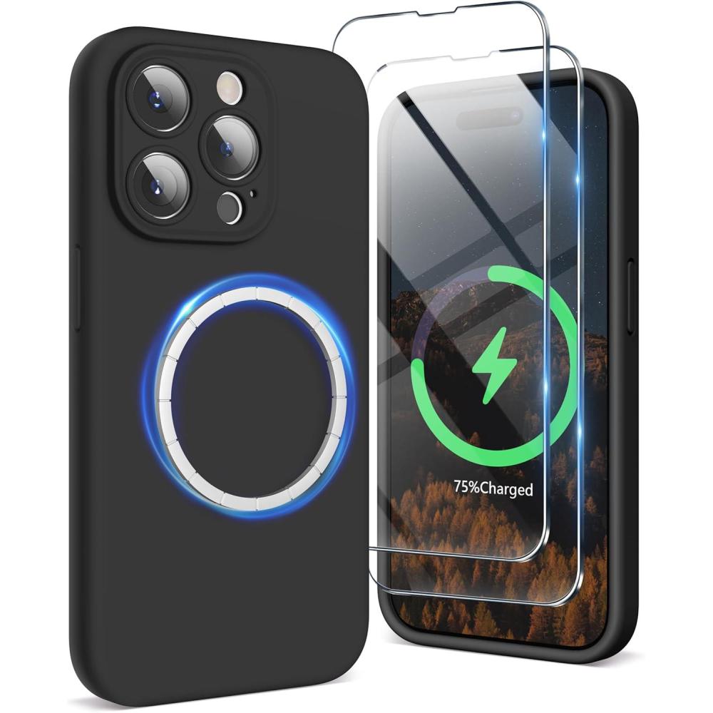 imageSURPHY Designed for iPhone 15 Pro Case Compatible with MagSafe 61 inch 2023 with 2 Pack Screen Protector Liquid Silicone Phone Case Camera Protective ampamp Soft Microfiber Lining Cactus GreenBlack