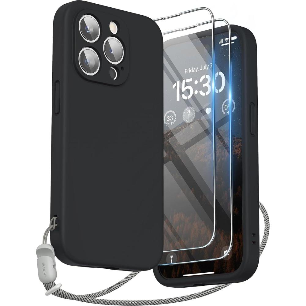 imageSURPHY Designed for iPhone 15 Pro Case with Screen Protector and Lanyard Phone Strap and Liquid Silicone Phone Case Camera Protective ampamp Soft Microfiber Lining 61 inch 2023 Lilac PurpleBlack