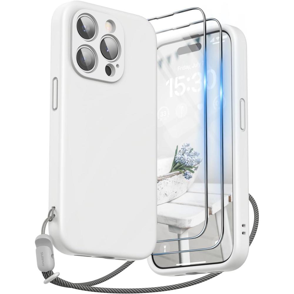 imageSURPHY Designed for iPhone 15 Pro Case with Screen Protector and Lanyard Phone Strap and Liquid Silicone Phone Case Camera Protective ampamp Soft Microfiber Lining 61 inch 2023 Lilac PurpleWhite