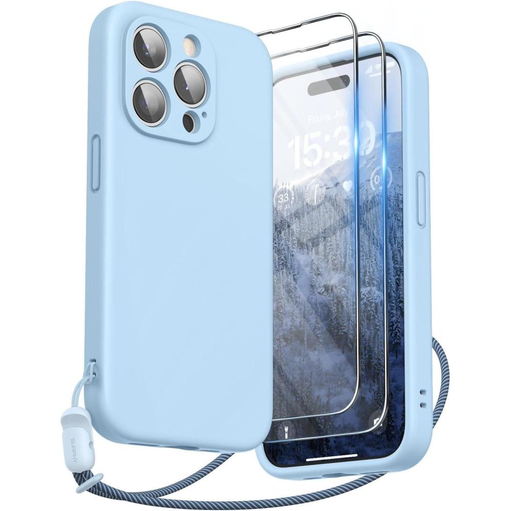 imageSURPHY Designed for iPhone 15 Pro Case with Screen Protector and Lanyard Phone Strap and Liquid Silicone Phone Case Camera Protective ampamp Soft Microfiber Lining 61 inch 2023 Lilac PurpleLight Blue
