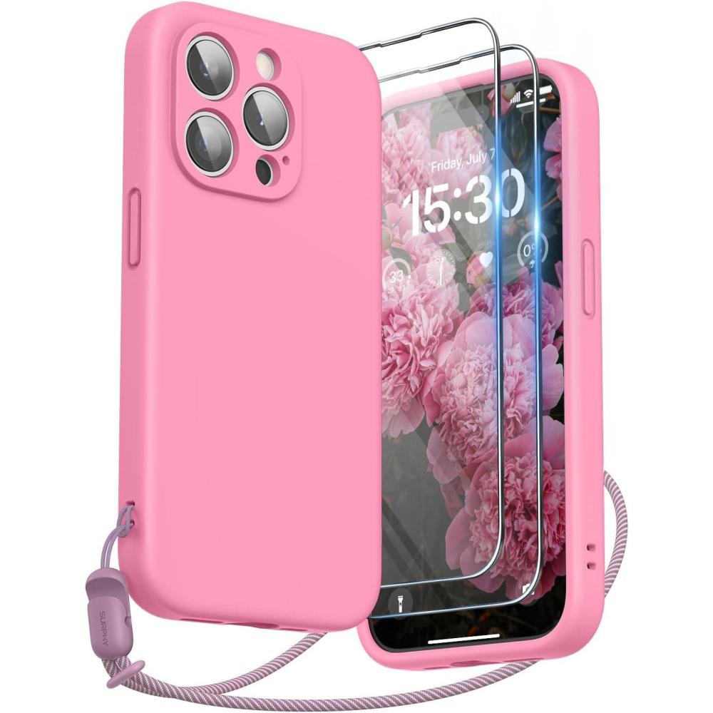 imageSURPHY Designed for iPhone 15 Pro Case with Screen Protector and Lanyard Phone Strap and Liquid Silicone Phone Case Camera Protective ampamp Soft Microfiber Lining 61 inch 2023 Lilac PurplePink