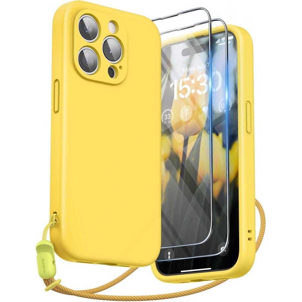 imageSURPHY Designed for iPhone 15 Pro Case with Screen Protector and Lanyard Phone Strap and Liquid Silicone Phone Case Camera Protective ampamp Soft Microfiber Lining 61 inch 2023 Lilac PurpleSunshine