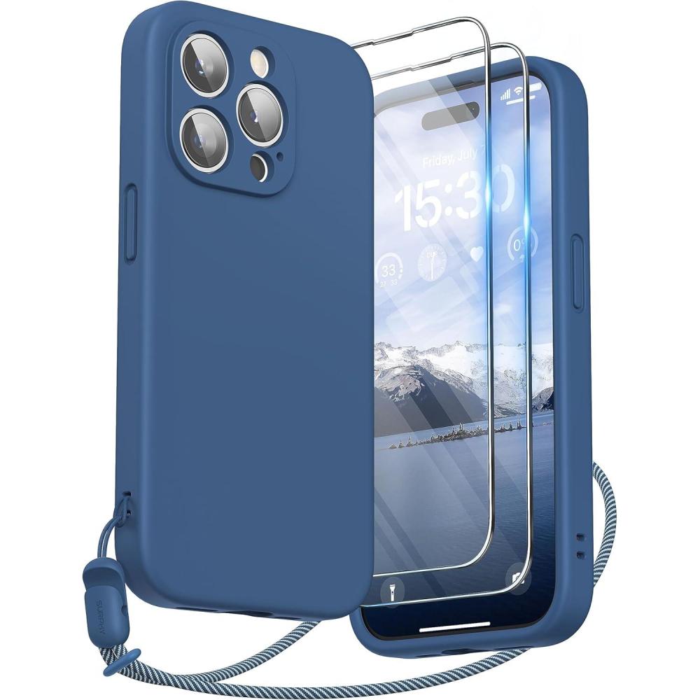 imageSURPHY Designed for iPhone 15 Pro Case with Screen Protector and Lanyard Phone Strap and Liquid Silicone Phone Case Camera Protective ampamp Soft Microfiber Lining 61 inch 2023 Lilac PurpleBlue Jay