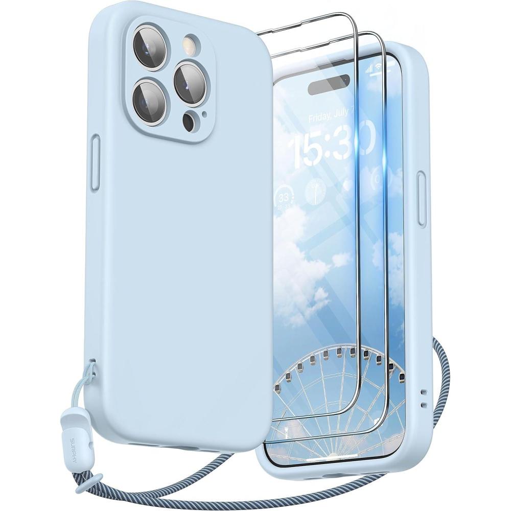 imageSURPHY Designed for iPhone 15 Pro Case with Screen Protector and Lanyard Phone Strap and Liquid Silicone Phone Case Camera Protective ampamp Soft Microfiber Lining 61 inch 2023 Lilac PurpleCloud Blue