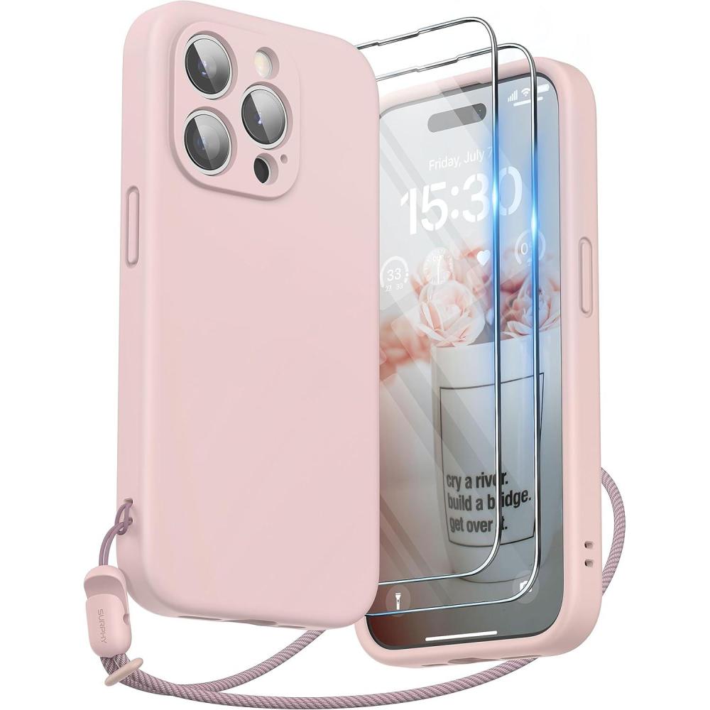 imageSURPHY Designed for iPhone 15 Pro Case with Screen Protector and Lanyard Phone Strap and Liquid Silicone Phone Case Camera Protective ampamp Soft Microfiber Lining 61 inch 2023 Lilac PurplePink Sand