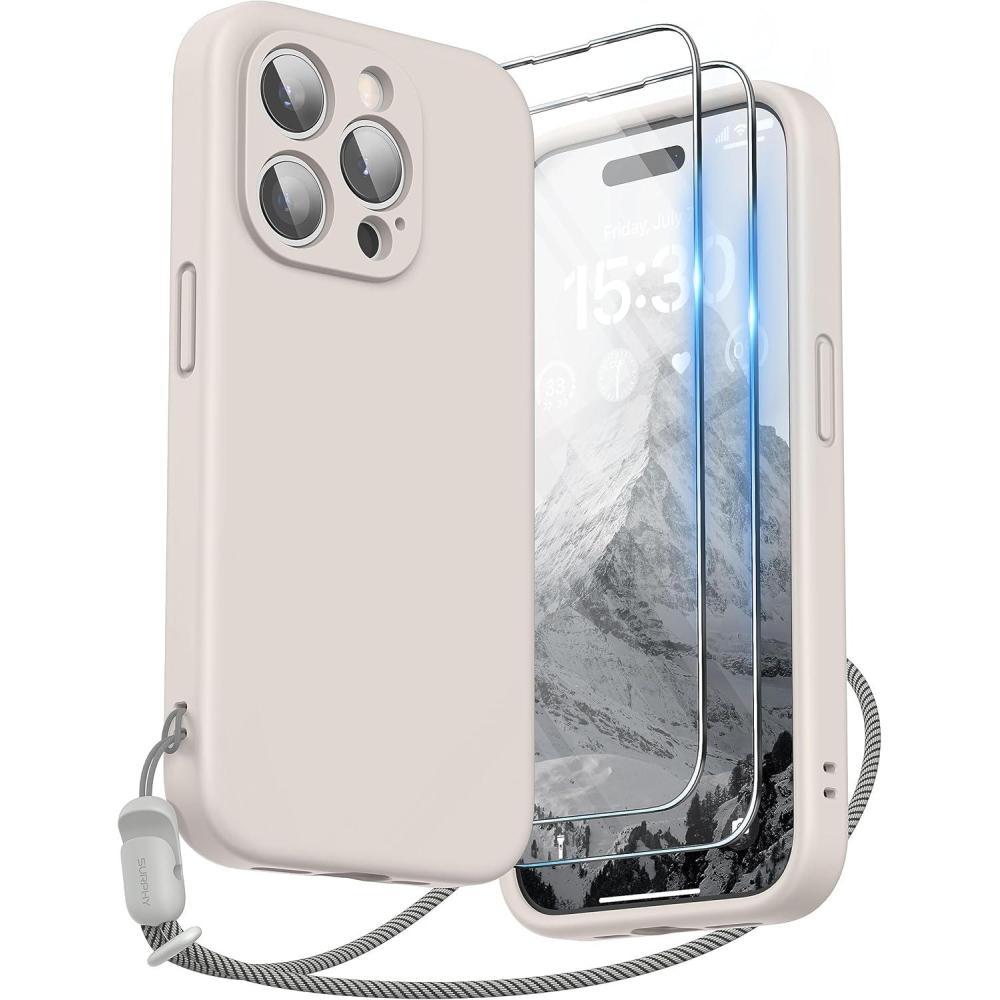 imageSURPHY Designed for iPhone 15 Pro Case with Screen Protector and Lanyard Phone Strap and Liquid Silicone Phone Case Camera Protective ampamp Soft Microfiber Lining 61 inch 2023 Lilac PurpleStone