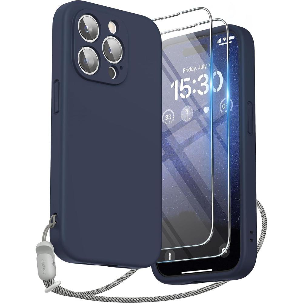 imageSURPHY Designed for iPhone 15 Pro Case with Screen Protector and Lanyard Phone Strap and Liquid Silicone Phone Case Camera Protective ampamp Soft Microfiber Lining 61 inch 2023 Lilac PurpleMidnight Blue