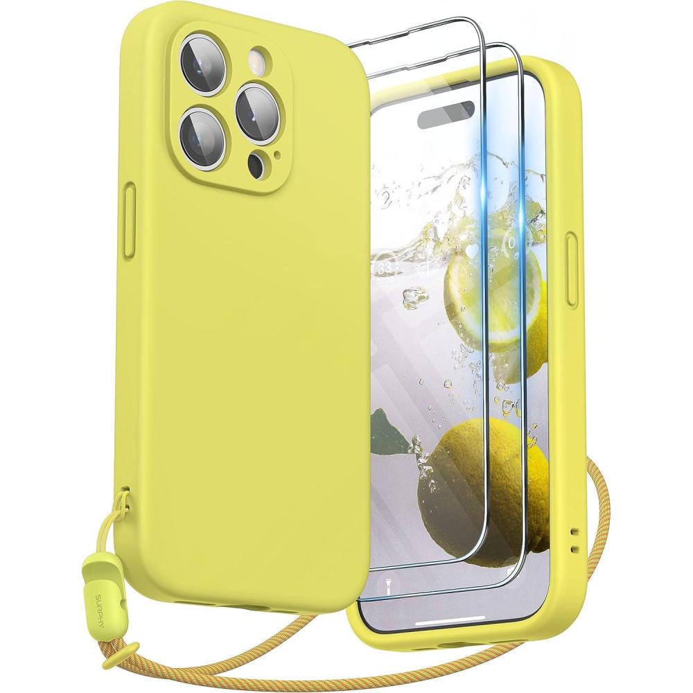imageSURPHY Designed for iPhone 15 Pro Case with Screen Protector and Lanyard Phone Strap and Liquid Silicone Phone Case Camera Protective ampamp Soft Microfiber Lining 61 inch 2023 Lilac PurpleCanary Yellow