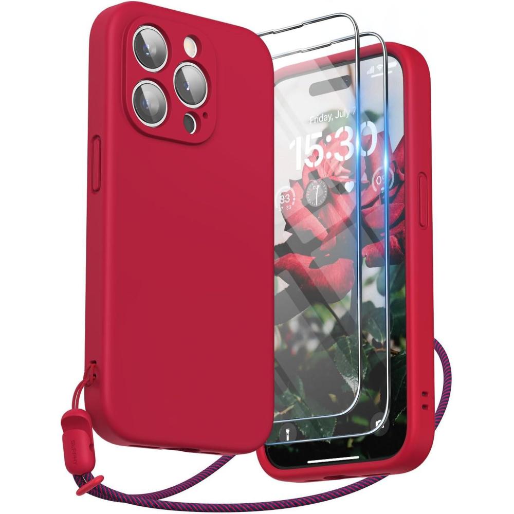 imageSURPHY Designed for iPhone 15 Pro Case with Screen Protector and Lanyard Phone Strap and Liquid Silicone Phone Case Camera Protective ampamp Soft Microfiber Lining 61 inch 2023 Lilac PurpleRed