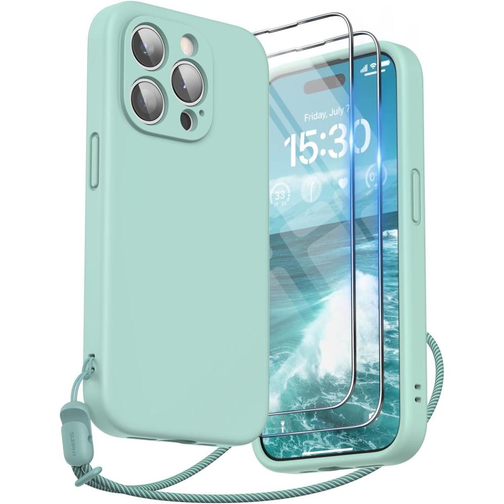 imageSURPHY Designed for iPhone 15 Pro Case with Screen Protector and Lanyard Phone Strap and Liquid Silicone Phone Case Camera Protective ampamp Soft Microfiber Lining 61 inch 2023 Lilac PurpleMint Green