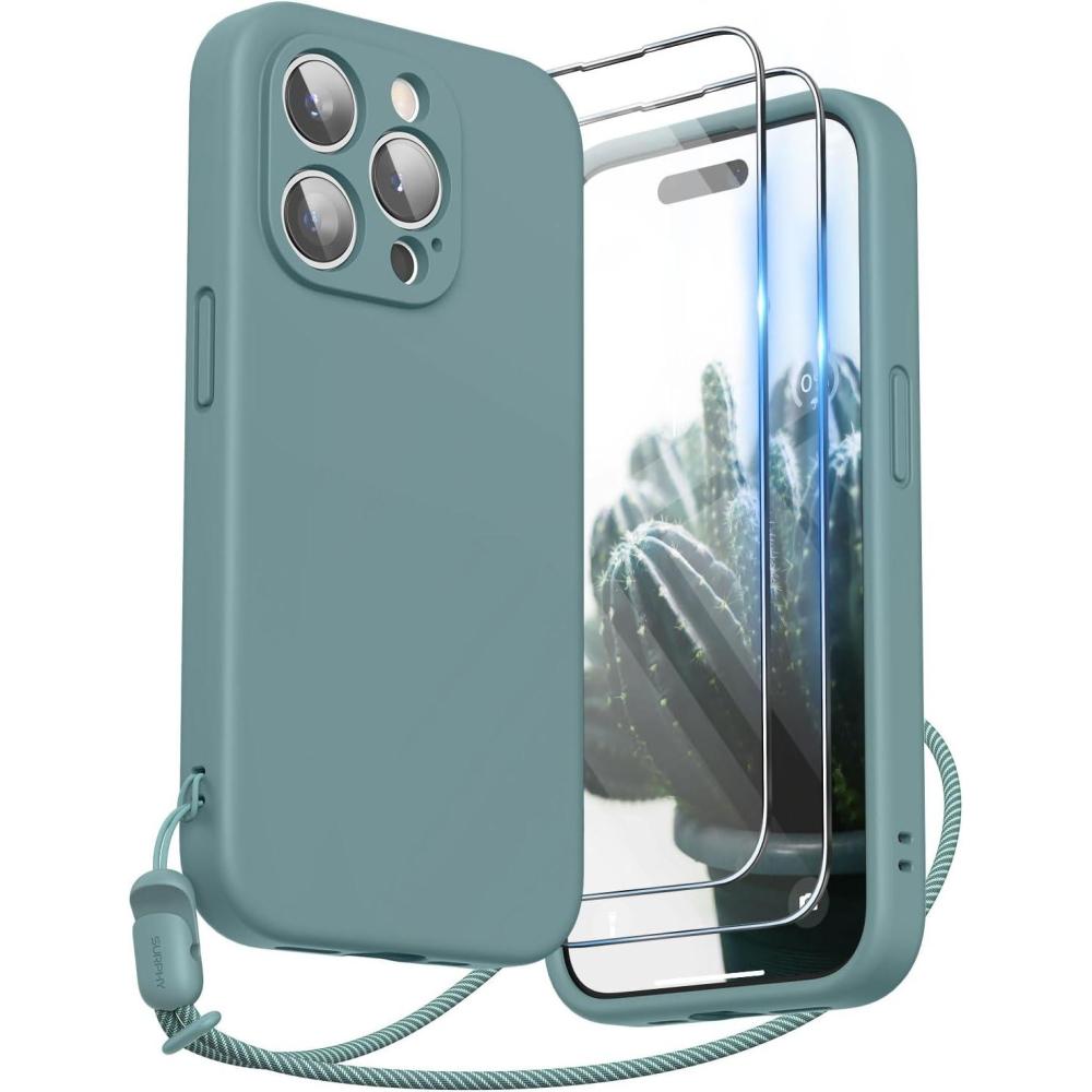 imageSURPHY Designed for iPhone 15 Pro Case with Screen Protector and Lanyard Phone Strap and Liquid Silicone Phone Case Camera Protective ampamp Soft Microfiber Lining 61 inch 2023 Lilac PurpleCactus Green