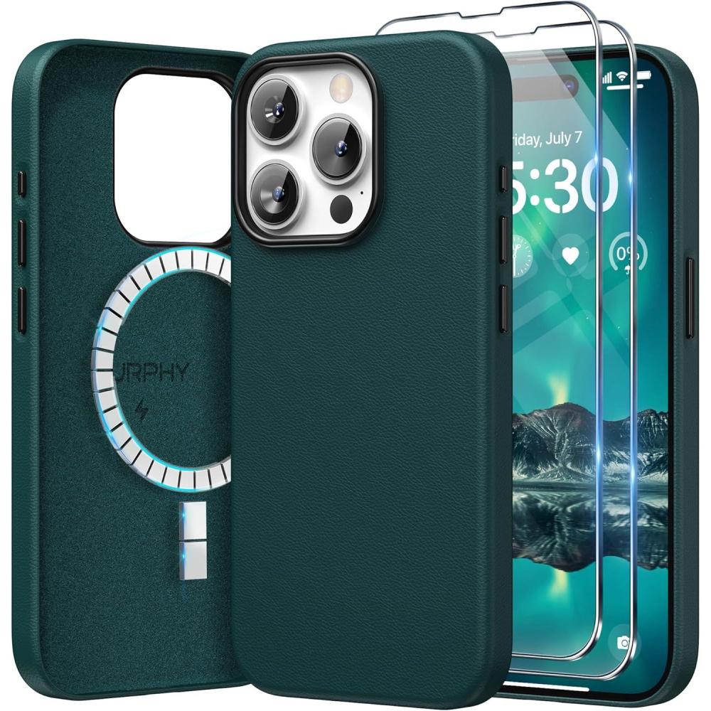 imageSURPHY Designed for iPhone 15 Pro Leather Case with Screen Protector Compatible with MagSafe Faux Leather Case Metallic Buttons ampamp Microfiber Lining for 15 Pro 61 inch 2023 BrownForest Green