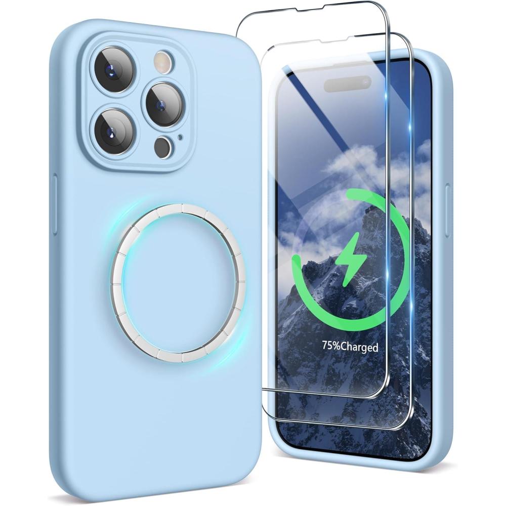 imageSURPHY Designed for iPhone 15 Pro Max Case Compatible with MagSafe 67 inch 2023 with 2 Pack Screen Protector Liquid Silicone Phone Case Camera Protective ampamp Soft Microfiber Lining Cactus GreenLight Blue