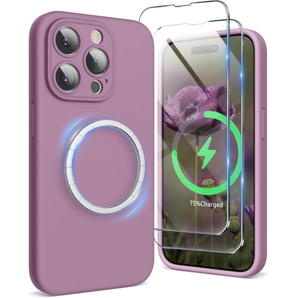imageSURPHY Designed for iPhone 15 Pro Max Case Compatible with MagSafe 67 inch 2023 with 2 Pack Screen Protector Liquid Silicone Phone Case Camera Protective ampamp Soft Microfiber Lining Cactus GreenLilac Purple