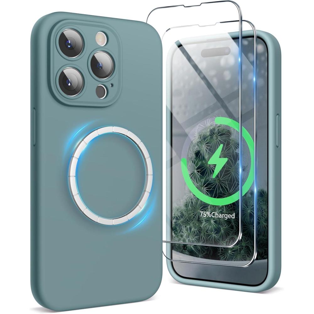 imageSURPHY Designed for iPhone 15 Pro Max Case Compatible with MagSafe 67 inch 2023 with 2 Pack Screen Protector Liquid Silicone Phone Case Camera Protective ampamp Soft Microfiber Lining Cactus GreenCactus Green