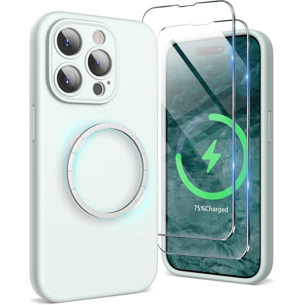 imageSURPHY Designed for iPhone 15 Pro Max Case Compatible with MagSafe 67 inch 2023 with 2 Pack Screen Protector Liquid Silicone Phone Case Camera Protective ampamp Soft Microfiber Lining Cactus GreenSoft Mint