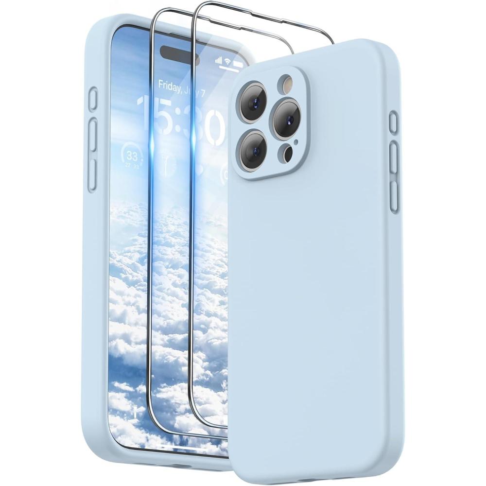 imageSURPHY Designed for iPhone 15 Pro Max Case with Screen Protector and Lanyard Phone Strap and Liquid Silicone Phone Case Camera Protective ampamp Soft Microfiber Lining 67 inch 2023 Lilac PurpleCloud Blue