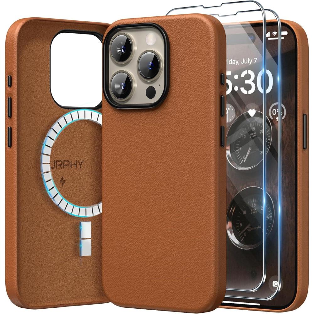 imageSURPHY Designed for iPhone 15 Pro Max Leather Case with Screen Protector Compatible with MagSafe Faux Leather Case Metallic Buttons ampamp Microfiber Lining for 15 Pro Max 67 inch 2023 BrownBrown
