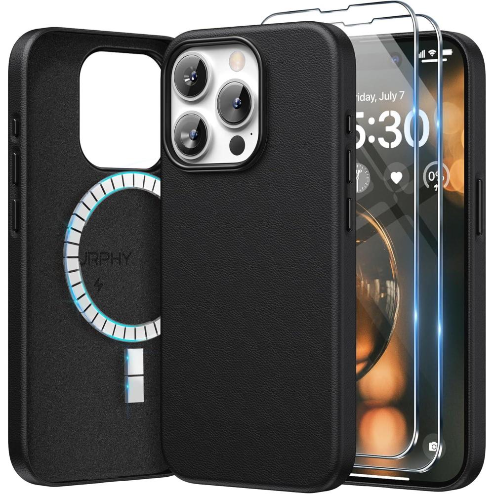 imageSURPHY Designed for iPhone 15 Pro Max Leather Case with Screen Protector Compatible with MagSafe Faux Leather Case Metallic Buttons ampamp Microfiber Lining for 15 Pro Max 67 inch 2023 BrownBlack