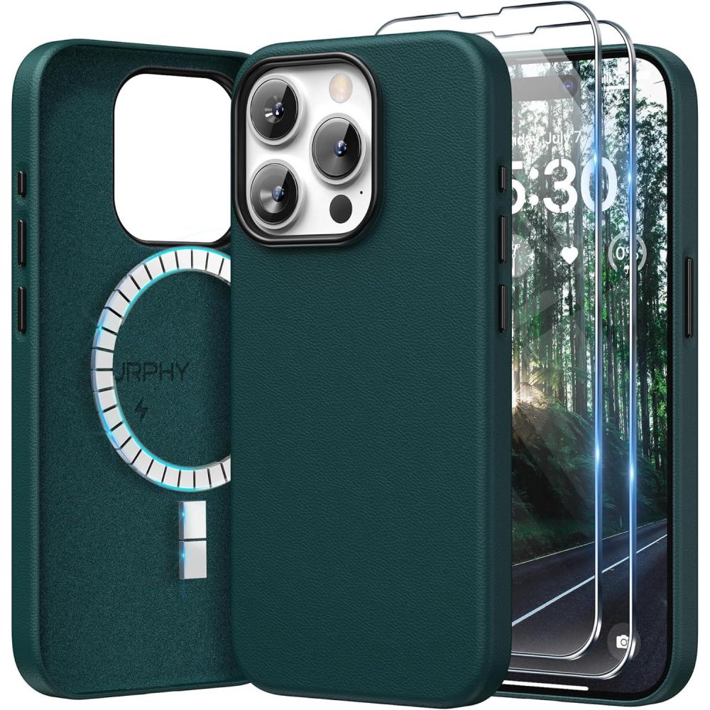 imageSURPHY Designed for iPhone 15 Pro Max Leather Case with Screen Protector Compatible with MagSafe Faux Leather Case Metallic Buttons ampamp Microfiber Lining for 15 Pro Max 67 inch 2023 BrownForest Green