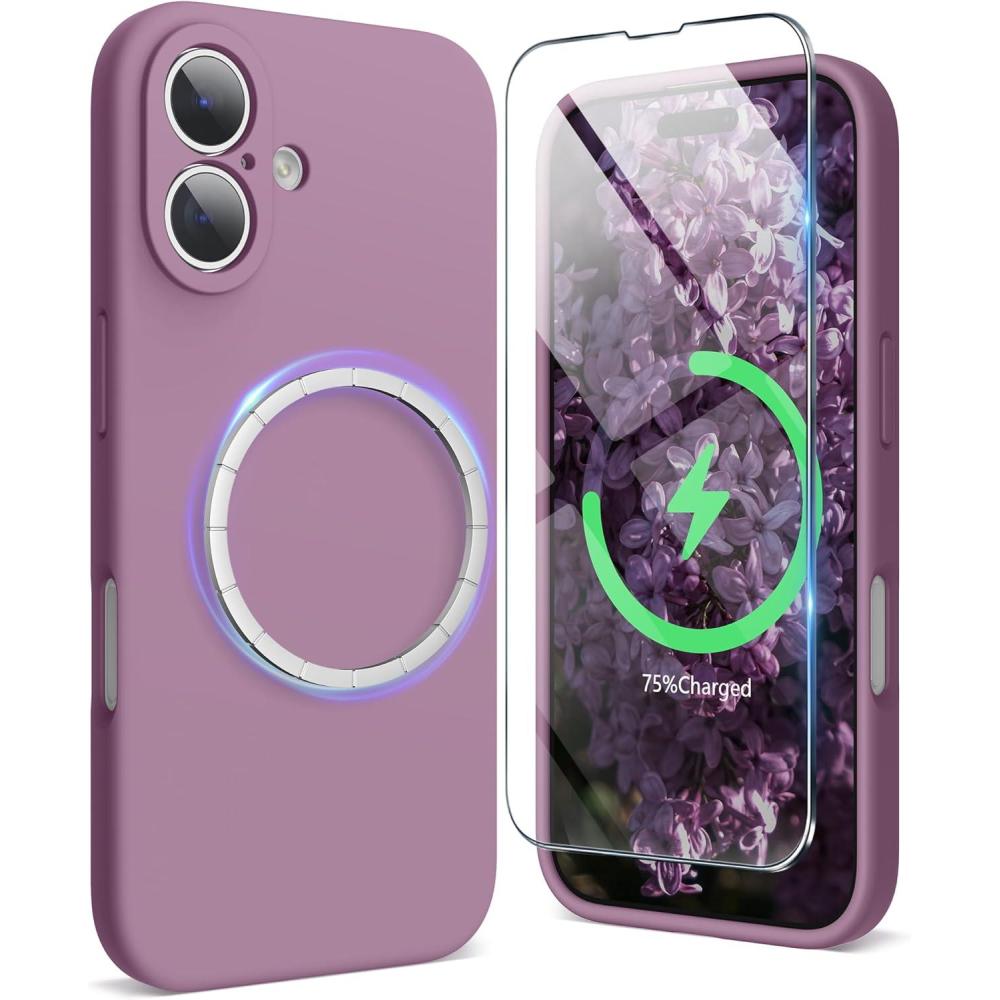 imageSURPHY Designed for iPhone 16 Case Compatible with MagSafe 61 inch 2024 with Screen Protector Liquid Silicone Phone Case Camera Protective Soft Microfiber Lining BlackLilac Purple