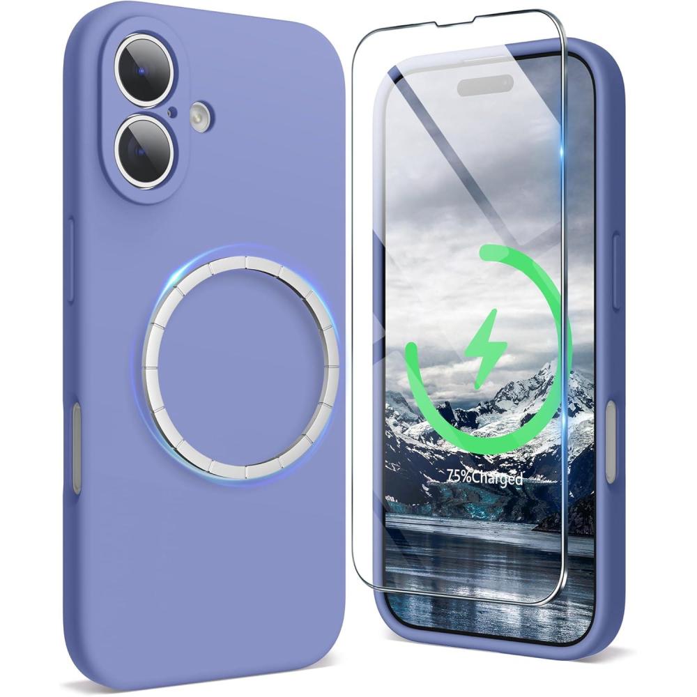 imageSURPHY Designed for iPhone 16 Case Compatible with MagSafe 61 inch 2024 with Screen Protector Liquid Silicone Phone Case Camera Protective Soft Microfiber Lining BlackLavender Gray