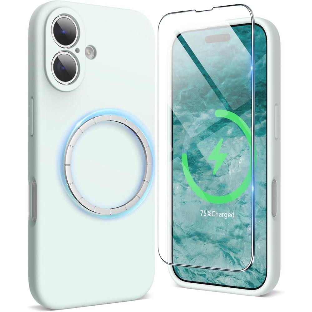 imageSURPHY Designed for iPhone 16 Case Compatible with MagSafe 61 inch 2024 with Screen Protector Liquid Silicone Phone Case Camera Protective Soft Microfiber Lining BlackSoft Mint