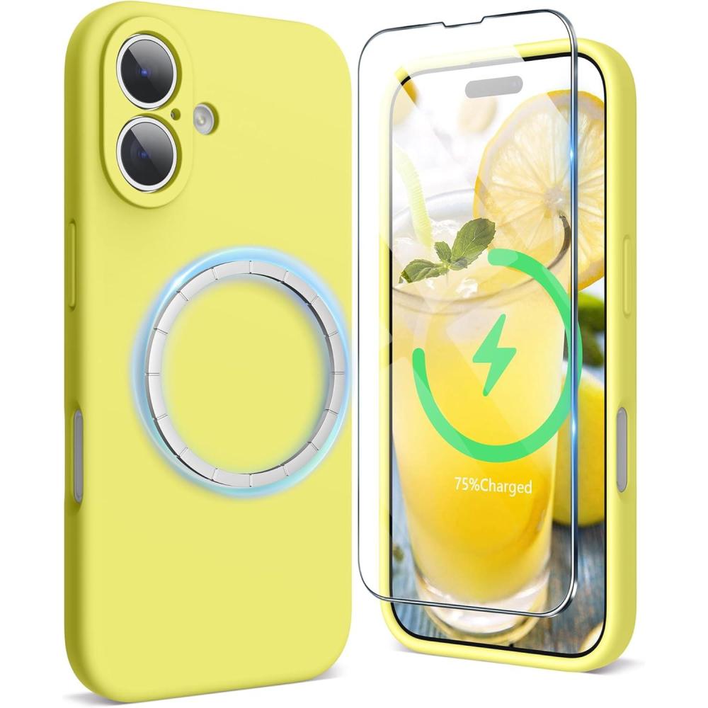 imageSURPHY Designed for iPhone 16 Case Compatible with MagSafe 61 inch 2024 with Screen Protector Liquid Silicone Phone Case Camera Protective Soft Microfiber Lining BlackYellow