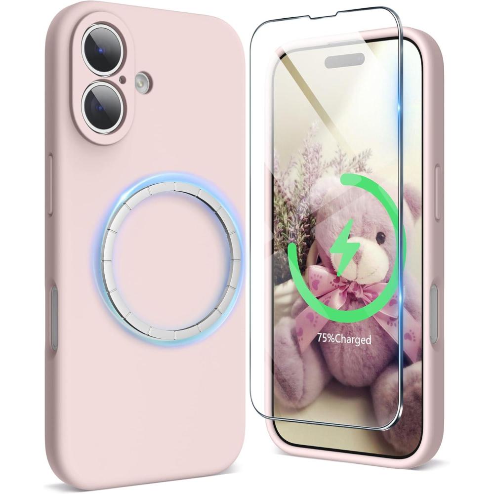 imageSURPHY Designed for iPhone 16 Case Compatible with MagSafe 61 inch 2024 with Screen Protector Liquid Silicone Phone Case Camera Protective Soft Microfiber Lining BlackPink Sand