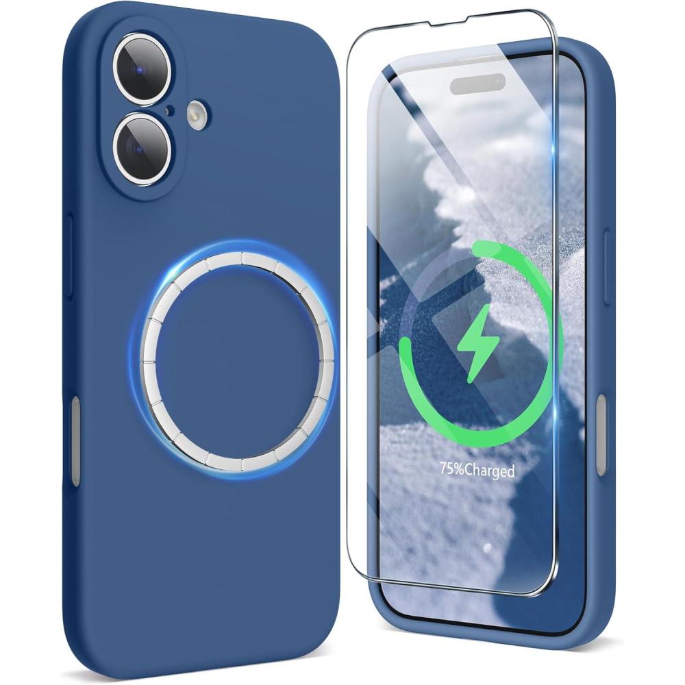 imageSURPHY Designed for iPhone 16 Case Compatible with MagSafe 61 inch 2024 with Screen Protector Liquid Silicone Phone Case Camera Protective Soft Microfiber Lining BlackBlue Jay