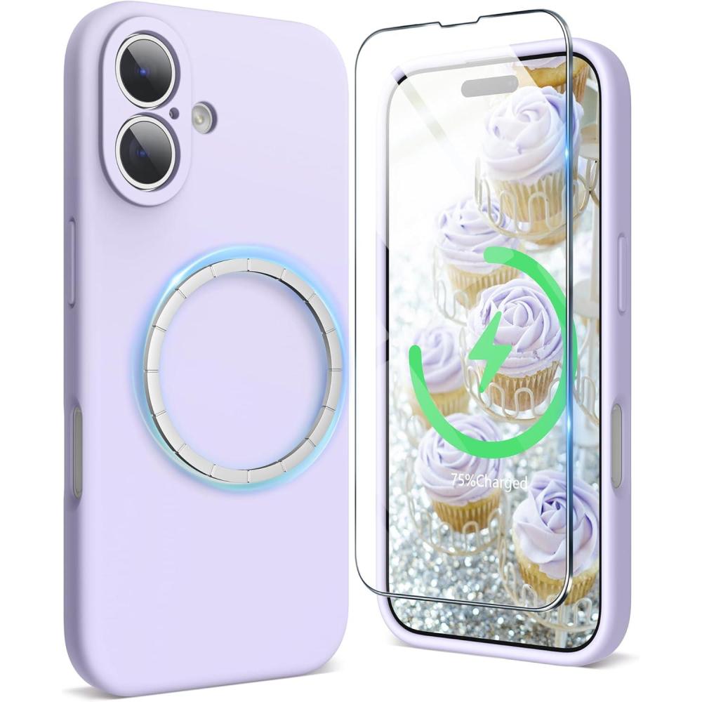 imageSURPHY Designed for iPhone 16 Case Compatible with MagSafe 61 inch 2024 with Screen Protector Liquid Silicone Phone Case Camera Protective Soft Microfiber Lining BlackLilac