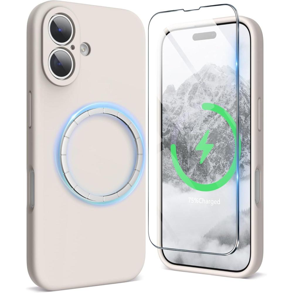 imageSURPHY Designed for iPhone 16 Case Compatible with MagSafe 61 inch 2024 with Screen Protector Liquid Silicone Phone Case Camera Protective Soft Microfiber Lining BlackStone