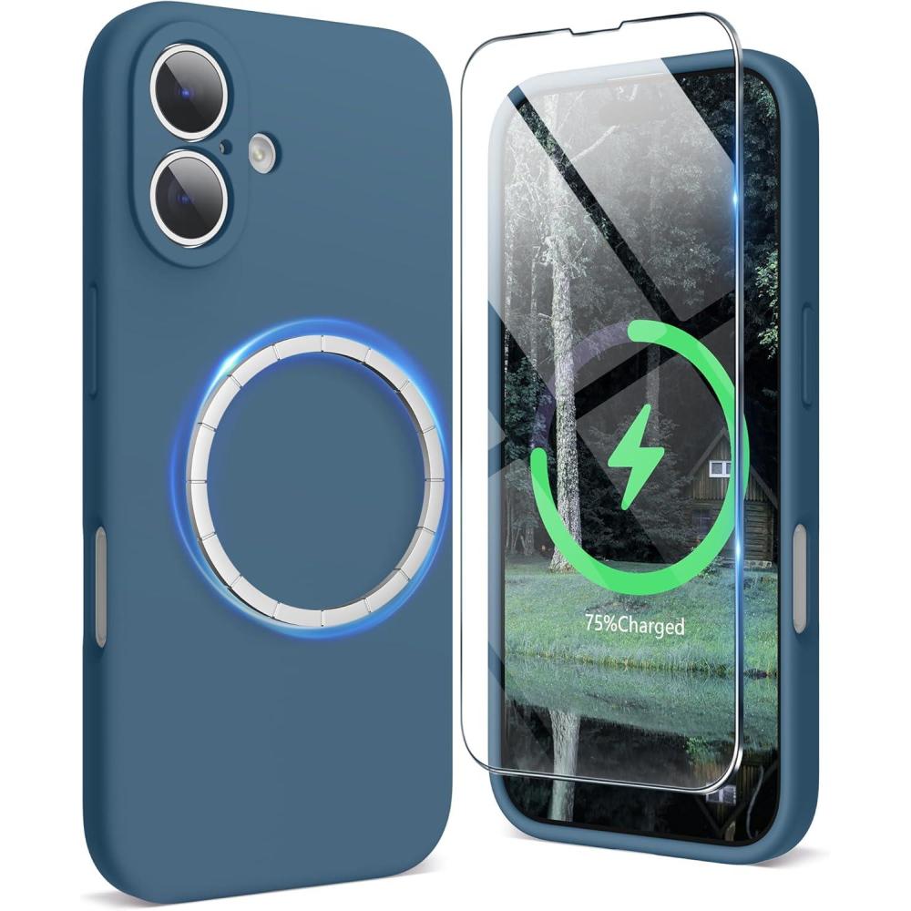 imageSURPHY Designed for iPhone 16 Case Compatible with MagSafe 61 inch 2024 with Screen Protector Liquid Silicone Phone Case Camera Protective Soft Microfiber Lining BlackLake Green