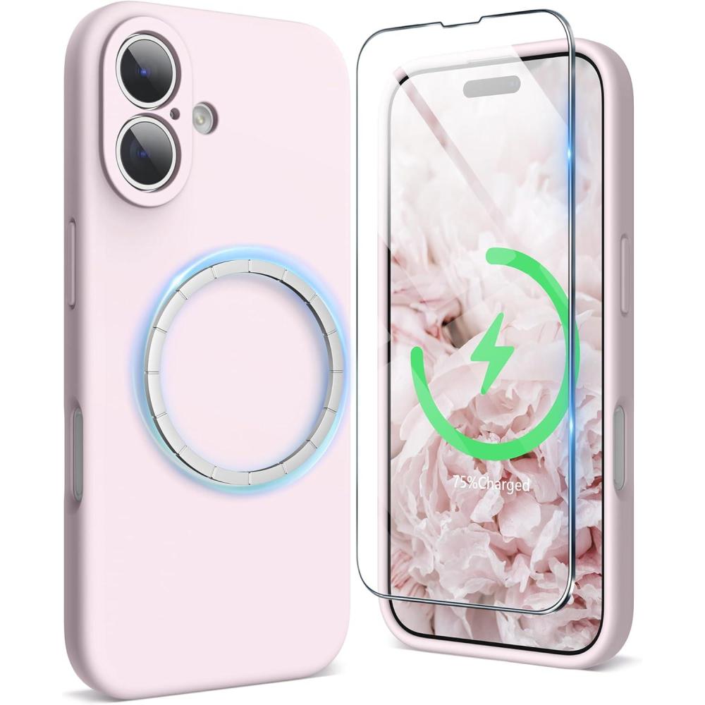 imageSURPHY Designed for iPhone 16 Case Compatible with MagSafe 61 inch 2024 with Screen Protector Liquid Silicone Phone Case Camera Protective Soft Microfiber Lining BlackChalk Pink