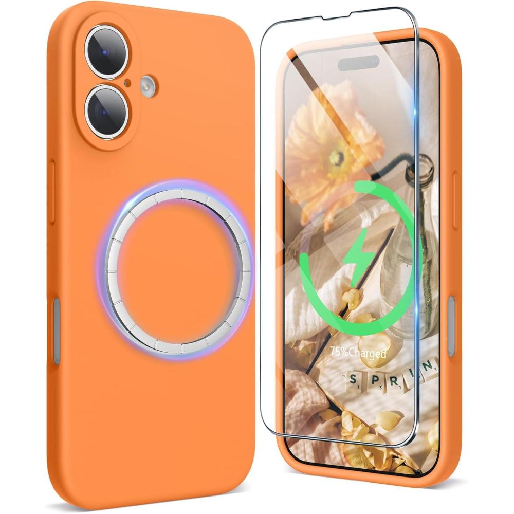 imageSURPHY Designed for iPhone 16 Case Compatible with MagSafe 61 inch 2024 with Screen Protector Liquid Silicone Phone Case Camera Protective Soft Microfiber Lining BlackMarigold Orange