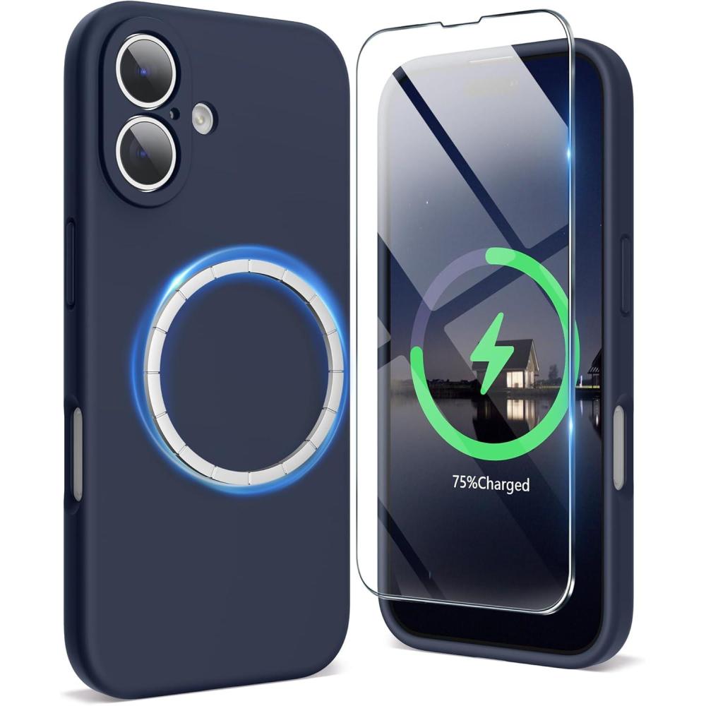 imageSURPHY Designed for iPhone 16 Case Compatible with MagSafe 61 inch 2024 with Screen Protector Liquid Silicone Phone Case Camera Protective Soft Microfiber Lining BlackMidnight Blue