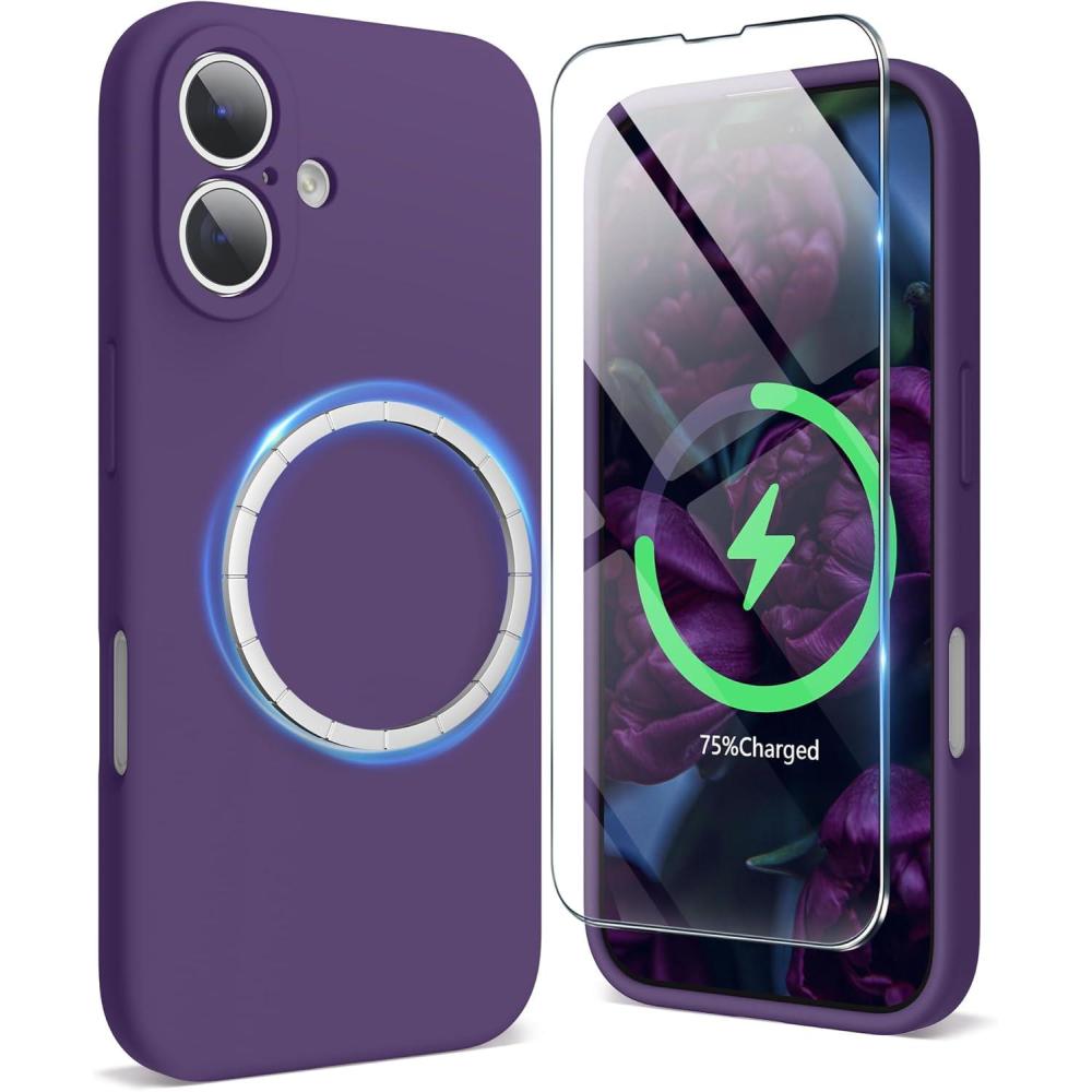 imageSURPHY Designed for iPhone 16 Case Compatible with MagSafe 61 inch 2024 with Screen Protector Liquid Silicone Phone Case Camera Protective Soft Microfiber Lining BlackPlum