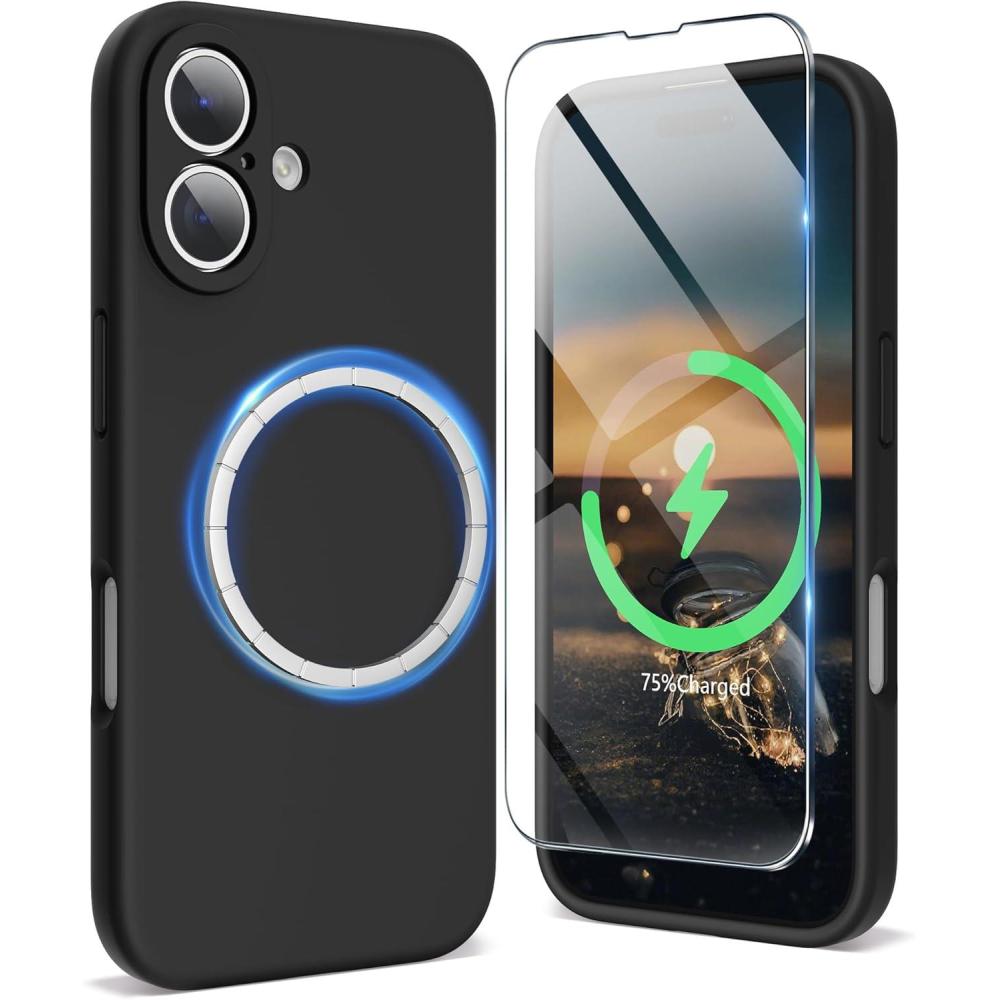 imageSURPHY Designed for iPhone 16 Case Compatible with MagSafe 61 inch 2024 with Screen Protector Liquid Silicone Phone Case Camera Protective Soft Microfiber Lining BlackBlack