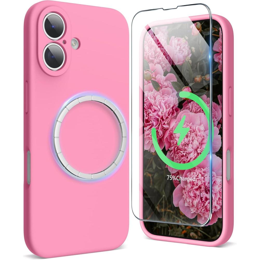 imageSURPHY Designed for iPhone 16 Case Compatible with MagSafe 61 inch 2024 with Screen Protector Liquid Silicone Phone Case Camera Protective Soft Microfiber Lining BlackPink