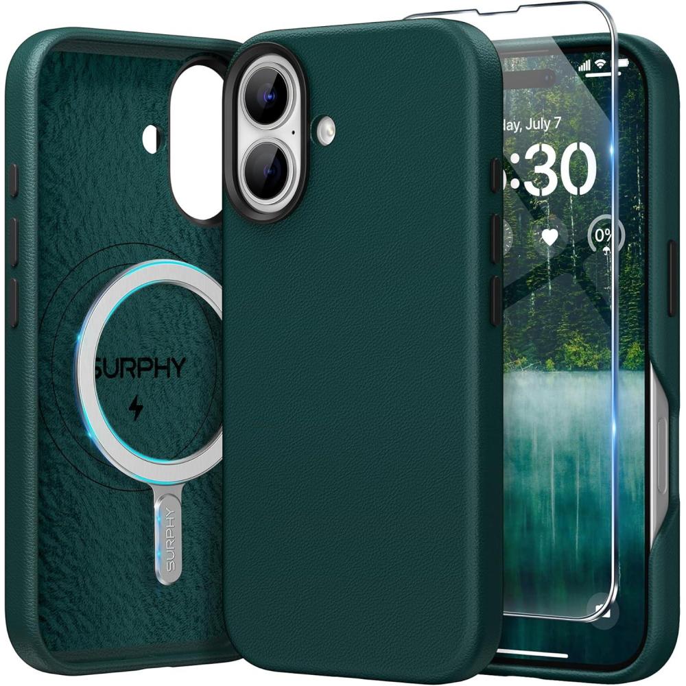 imageSURPHY Designed for iPhone 16 Leather Case with Screen Protector Compatible with MagSafe Faux Leather Phone Case Metallic Buttons Microfiber Lining for 16 61 inch 2024 Forest GreenForest Green