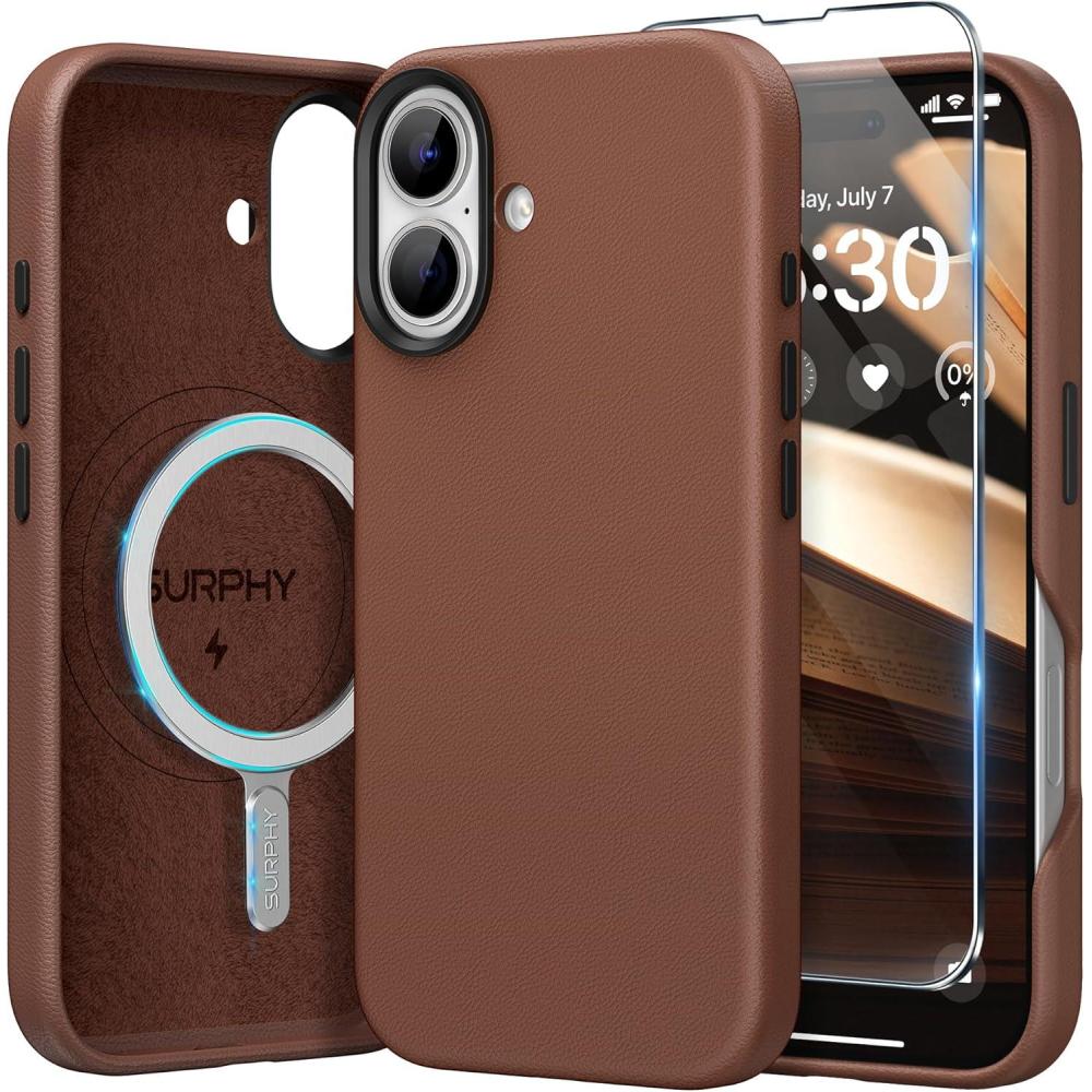 imageSURPHY Designed for iPhone 16 Leather Case with Screen Protector Compatible with MagSafe Faux Leather Phone Case Metallic Buttons Microfiber Lining for 16 61 inch 2024 Forest GreenBrown