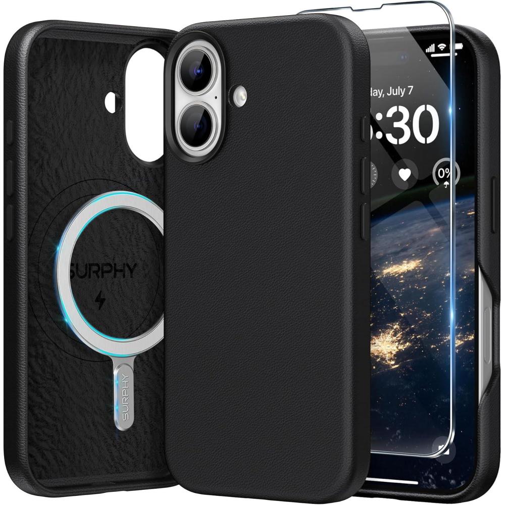 imageSURPHY Designed for iPhone 16 Leather Case with Screen Protector Compatible with MagSafe Faux Leather Phone Case Metallic Buttons Microfiber Lining for 16 61 inch 2024 Forest GreenBlack