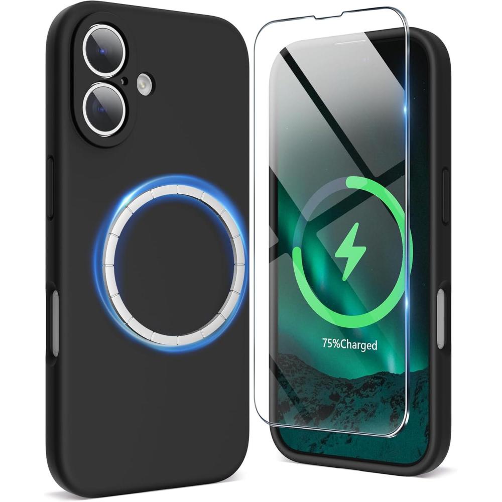 imageSURPHY Designed for iPhone 16 Plus Case Compatible with MagSafe 67 inch 2024 with Screen Protector Liquid Silicone Phone Case Camera Protective Soft Microfiber Lining Soft MintBlack