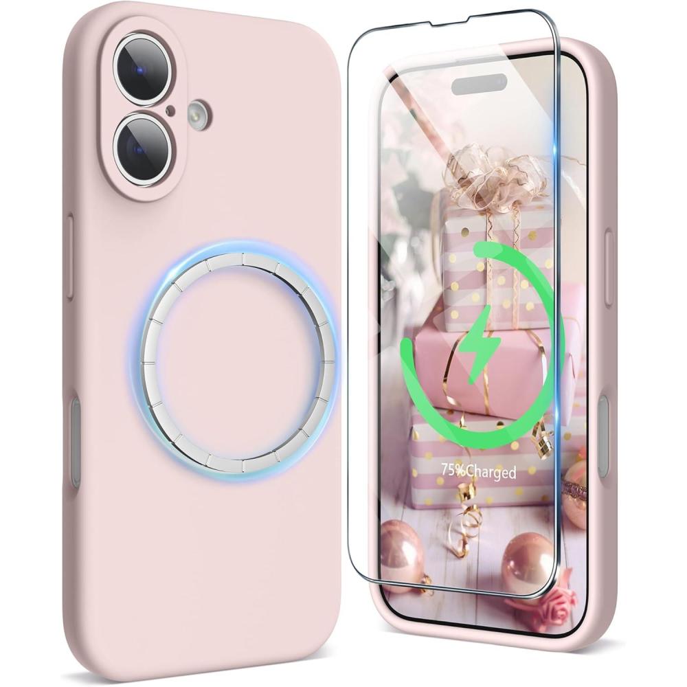 imageSURPHY Designed for iPhone 16 Plus Case Compatible with MagSafe 67 inch 2024 with Screen Protector Liquid Silicone Phone Case Camera Protective Soft Microfiber Lining Soft MintPink Sand