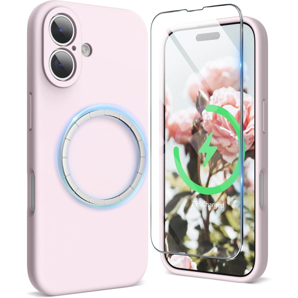imageSURPHY Designed for iPhone 16 Plus Case Compatible with MagSafe 67 inch 2024 with Screen Protector Liquid Silicone Phone Case Camera Protective Soft Microfiber Lining Soft MintChalk Pink