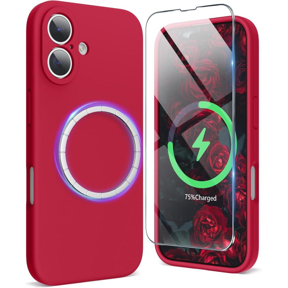 imageSURPHY Designed for iPhone 16 Plus Case Compatible with MagSafe 67 inch 2024 with Screen Protector Liquid Silicone Phone Case Camera Protective Soft Microfiber Lining Soft MintRed