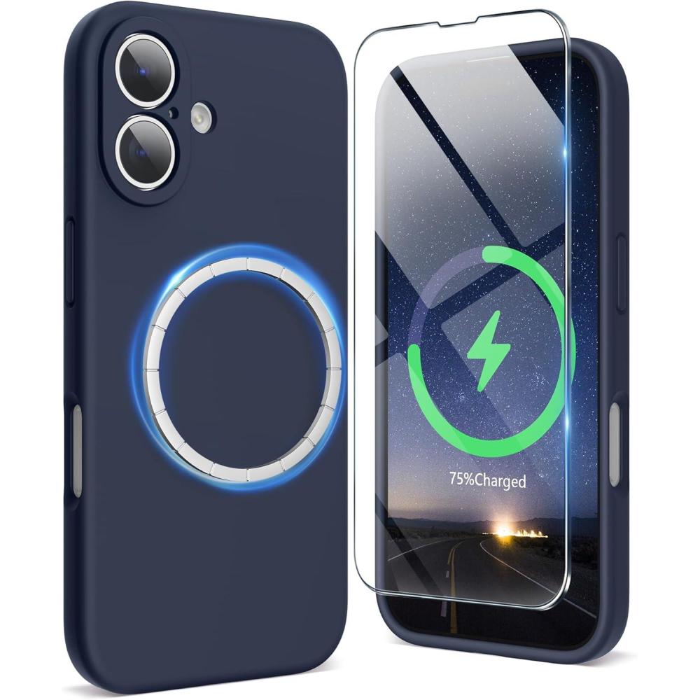 imageSURPHY Designed for iPhone 16 Plus Case Compatible with MagSafe 67 inch 2024 with Screen Protector Liquid Silicone Phone Case Camera Protective Soft Microfiber Lining Soft MintMidnight Blue