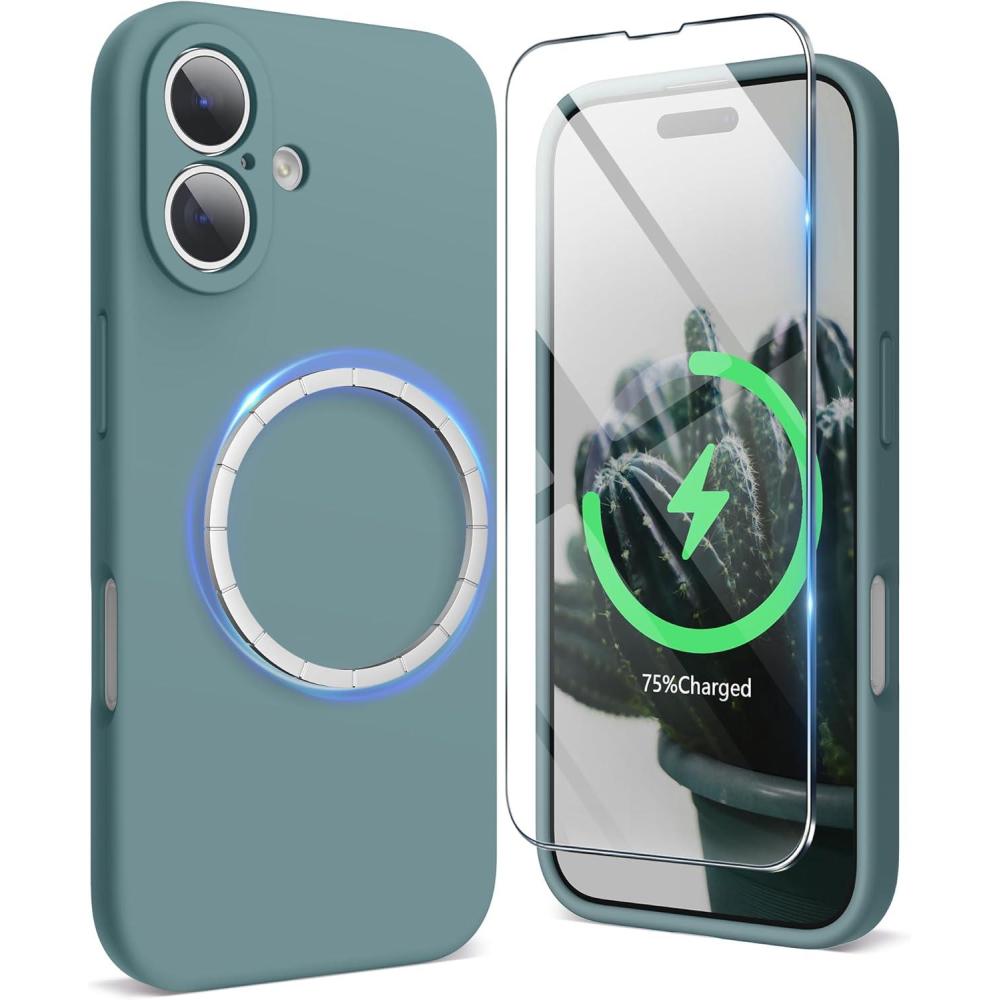 imageSURPHY Designed for iPhone 16 Plus Case Compatible with MagSafe 67 inch 2024 with Screen Protector Liquid Silicone Phone Case Camera Protective Soft Microfiber Lining Soft MintCactus Green